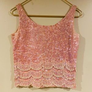 Vintage Pink Beaded Wool Crop Top Flashy Zip Back Top